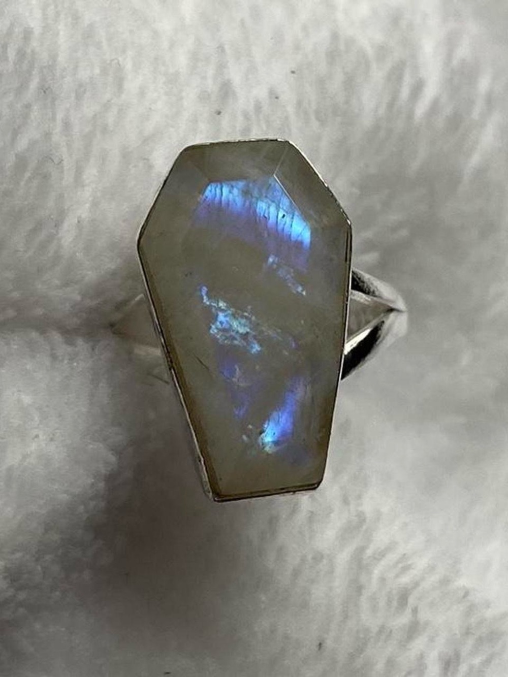 925 Silver Coffin-Shaped Rainbow Moonstone Ring with Blue Flash